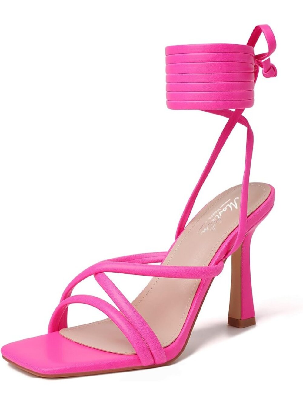 Women's Hot Pink Strappy Heels Lace Up Square Open Toe Heels Tie Up High Heels